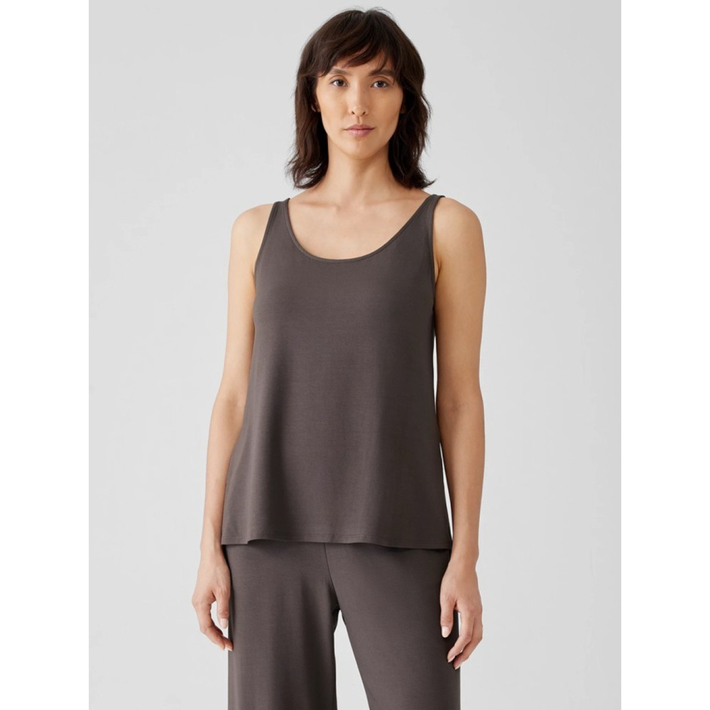 NWOT EILEEN FISHER 100% Silk Stretch Jersey Scoop Neck Tank Brown Women Size PM
